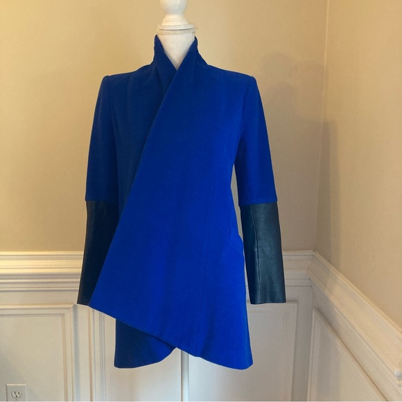 MASON Blue and Black Virgin Wool and Lambskin Leather Coat Jacket - Picture 3 of 9